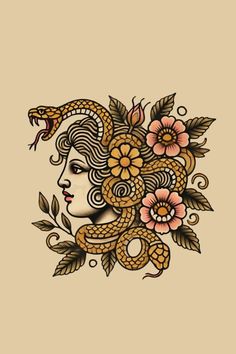 a woman's face with flowers and snakes on her head, surrounded by leaves