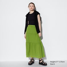 Crinkle Cotton Tiered Skirt | UNIQLO US Cotton Skirt Outfit, Uv Protection Clothing, Long Midi Skirt, Green Maxi Skirt, Crinkle Cotton, Jean Michel Basquiat, Vetements T Shirt, Roger Federer, Tank Top Camisole