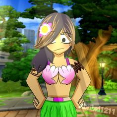 a girl in a green skirt and pink bra top standing on a sidewalk with her hands on her hips