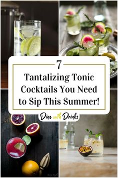 Collage of 4 tonic cocktails. Drinks With Tonic Water, Tonic Cocktails, Tonic Water, Summer Cocktails, Refreshing Drinks, Drinking Water