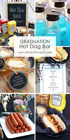 graduation hot dog bar with chalkboard signs and condiments for guests to eat