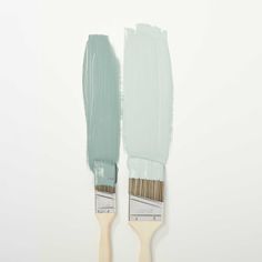 two paintbrushes with one being painted green and the other is white, on a light gray background