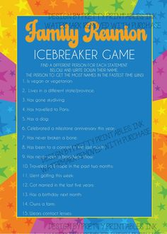 the icebreaker game for families to play with their kids is shown in this colorful poster