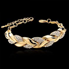 Cubic Zirconia Gold Gold Leaf Bracelet | Uniqistic.com Wedding Jewelry Simple, Luxury Wedding Jewelry, Luxury Bracelet, Leaf Bracelet, Gold Bracelet For Women, Turkish Jewelry, Hand Chain, Belanja Online, Gold Plated Bracelets