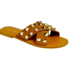 Stud Leather Sandals Casual Tan Flat Flip Flops, Tan Flip Flops For Summer, Tan Round Toe Flip Flops For Summer, Adjustable Tan Sandals For Vacation, Brown Slip-on Sandals For Summer Outings, Trendy Brown Sandals For Summer Outings, Casual Tan Flip Flops For Spring, Tan Flat Flip Flops For Vacation, Chic Tan Round Toe Sandals