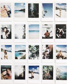 many polaroid photos are arranged on the wall