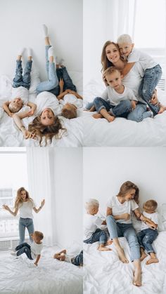 a woman and two children laying on top of a bed with their arms around each other