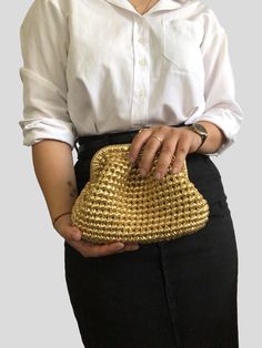 Gold Clutch Evening Bag, Handmade Metallic Mini Clutch Bag, Coctail Purse for Luxury Women, Raffia Clutch, Evening Clutch Bag, Knitted Raffia Clutch Bag, Gold Evening Purse, Wedding Clutch, Bridal Clutch Bag, Beach Wedding Clutch Bag ELEGANT HIGH QUALITY CLUTCH ✔️Crochet Metallic Raffia Mini Clutch Bag is knitted with metallic yarn ✔️The interior of the raffia bag is fully lined with satin and has a hidden metal lock.  ✔️This bag has metal chain hanger. You can remove the long chain strap if you Handmade Gold Potli Bag For Party, Elegant Handheld Gold Potli Bag, Handmade Handheld Potli Bag For Evening, Handmade Clutch Coin Purse For Weddings, Handmade Gold Pouch For Evening, Gold Pouch Coin Purse For Wedding, Handmade Gold Coin Purse For Parties, Handmade Wedding Clutch Coin Purse, Handmade Gold Coin Purse For Wedding