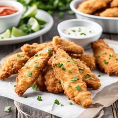 fried chicken sticks with dipping sauce on the side