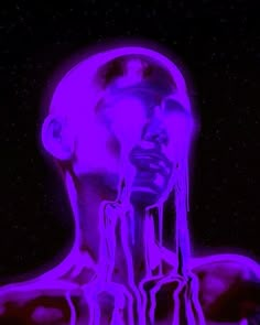 a man's face is covered in purple light and dripping from his mouth to the side