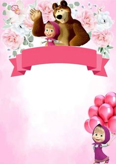 a cartoon bear and girl holding balloons