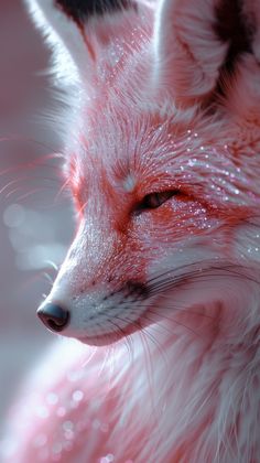 a close up of a red fox with water droplets on it's face and eyes