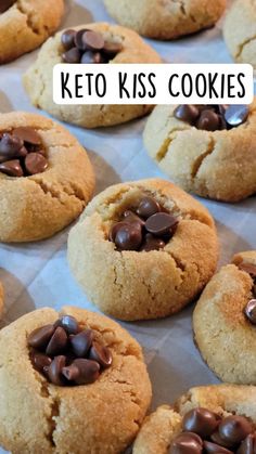 chocolate chip cookies with the words keto kiss cookies