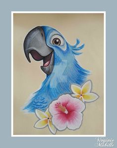 a painting of a blue parrot with flowers