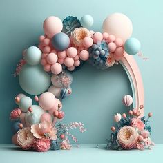 the letter o made up of balloons and flowers is shown in pink, blue, and white