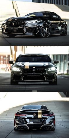 three different views of the front and side of a black sports car with gold stripes