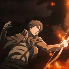 an animated image of a man holding a bow and arrow in front of a fire