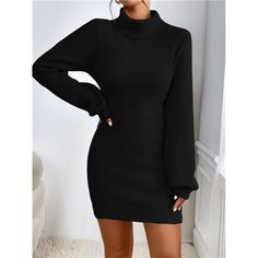 Introducing The Black Sweater Dress, Crafted For Elegance. This Dress Features A High Neckline And Long Bishop Sleeves For A Sophisticated Look. The Natural Waistline And Pencil-Shaped Hem Create A Flattering Short Silhouette. Made From Knitwear With Slight Stretch, It Ensures A Regular Fit That Combines Comfort With Style. Non-Sheer And Thoughtfully Designed, This Dress Is Perfect For A Chic, Polished Appearance. Note: Belt Not Included. Fitted Sweater Dress For Date Night In Fall, Winter High Neck Mini Dress For Date Night, Fitted High Neck Mini Dress For Fall, High Neck Mini Dress For Winter Date Night, High Neck Mini Dress For Date Night In Winter, Winter Date Night Mini Dress With High Neck, Fitted Sweater Dress For Fall Night Out, Fitted Sweater Dress For Night Out In Fall, Fitted Mini Sweater Dress For Date Night