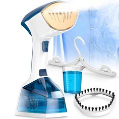 a blue and white hair dryer next to a cup with liquid in it on a white background