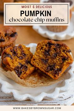 pumpkin chocolate chip muffins on a white plate