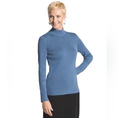 New With Tag Attached - Chico’s Mary Mock Neck Sweater Long Sleeve, In Maltese Blue. A Classic Favorite Mock Turtleneck. The Ribbed Fabric Adds A Bit Of Texture For An All-Around Cozy Feeling. Chico’s Size 3, Which Is Equivalent To Size Xl/16. Length: 25" 75% Rayon, 25% Polyester. Machine Wash. Imported. Original Price $59 In Excellent New Unworn Condition. From A Smoke-Free Home. Bundle This With Other Items To Save $ On Shipping! Elegant Blue Winter Sweater, Elegant Blue Sweater For Fall, Blue Fitted Elegant Sweater, Fitted Light Blue Winter Tops, Elegant Blue Fall Sweater, Fitted Light Blue Top For Winter, Fitted Light Blue Tops For Winter, Fitted Elegant Blue Sweater, Elegant Fitted Blue Sweater