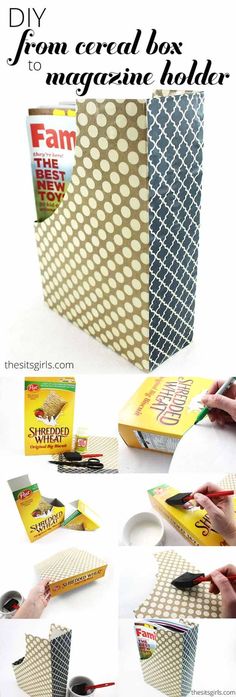 the instructions for how to make a diy cereal box magazine holder