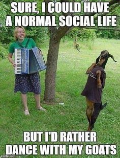 a woman playing an accordion next to a dog on the grass with trees in the background