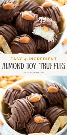 chocolate covered almond joy truffles in a bowl with text overlay that reads easy 4 ingredient almond joy truffles