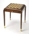 a small wooden table with chess board on it's top and legs, against a white background