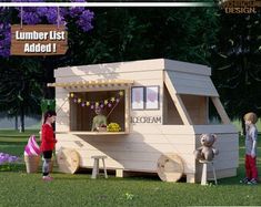 the children are playing outside in their play house with wooden furniture and decorations on display