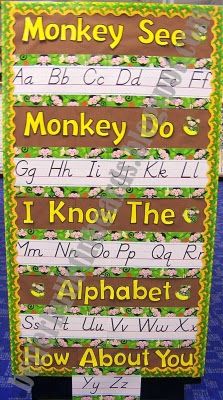 a sign that says monkey see, monkey do and i know the alphabet