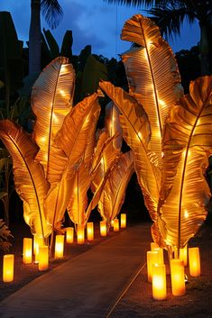 lighted candles are lined up along a path with palm leaves in the background at night