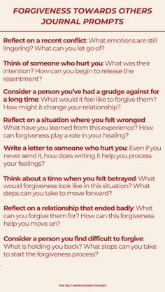 Release the weight of resentment and embrace healing with these journal prompts focused on forgiving others. Reflect on your feelings, work through past hurts, and find peace through the power of forgiveness.Save these prompts to start your forgiveness journey today! #ForgivenessJournalPrompts #LetGo #Healing #EmotionalFreedom #PersonalGrowth Forgiveness Journaling Prompts, How To Be Forgiving, Journal Prompts For Forgiving Others, Resentment Journal Prompts, Journal Prompts For Resentment, Writing Therapy Prompts, Letting Go Prompts, Journal Prompts For Forgiveness, Forgiveness Prompts