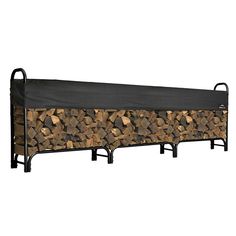 a firewood rack with logs on it and a black cover over the top for storage