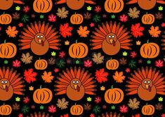 an image of a turkey pattern on a black background with autumn leaves and acorns