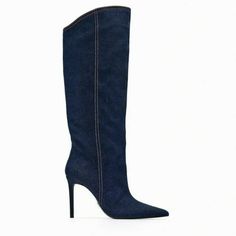 Heeled Knee Denim High Boots. Asymmetric Collar. Seamed Detail At Side. Denim Blue Pointed Toe Boots, Denim Blue Pointed Toe Denim Boots, Denim Blue Pointed Toe Winter Boots, Winter Denim Blue Boots With Pointed Toe, Chic Denim Blue High Heel Boots, Denim Blue Pointed Toe Party Boots, Fitted Denim Boots With Pointed Toe, Party Denim Blue Pointed Toe Boots, Chic Denim Blue Boots For Fall