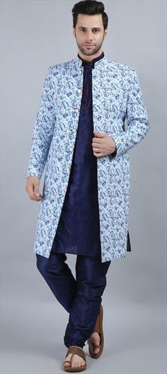 Blue color Kurta Pyjama with Jacket in Cotton fabric with Printed work Festive Blue Nehru Jacket With Long Sleeves, Winter Fitted Blue Kurta, Fitted Blue Outerwear For Festive Season, Blue Cotton Nehru Jacket With Long Sleeves, Fitted Blue Nehru Jacket For Spring, Blue Long Sleeve Kurta For Winter, Blue Nehru Jacket With Long Sleeves For Winter, Blue Long Sleeve Nehru Jacket For Winter, Blue Long Sleeve Winter Kurta