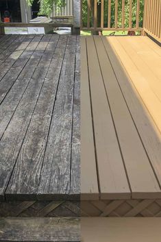 before and after photos of a deck with wood staining on it, the bottom half is white