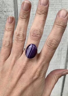 Choose your stone and size for this lovely purple Brazilian agate sterling silver. Each stone has varying shades of bright and light purple and is 20mm x 15mm in size. Made to order! Choose your size and your stone. Brazilian Agate, Jasper Ring, Purple Agate, Agate Ring, Onyx Ring, Ocean Jasper, Light Purple, Boho Rings, Black Rings