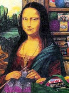 a painting of a woman in front of a bookshelf holding a sewing machine