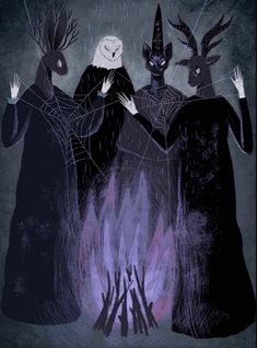 three witches standing in front of a fire with their hands up to the sky and one holding