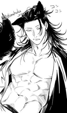 a drawing of a man with long hair and no shirt on, holding his arms around him