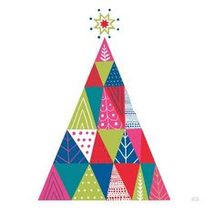 a christmas tree with colorful triangles and stars on it's top, against a white background