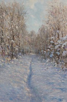 a painting of snow covered trees and a path