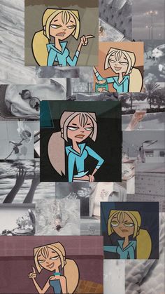 cartoon character collages with different expressions in the same image, one woman pointing at something