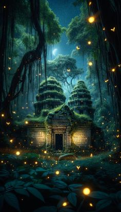 This 4k Ultra HD wallpaper unveils a captivating night scene of ancient ruins, nestled in the heart of a dense jungle. The old stone temple, adorned with intricate carvings, stands as a silent guardian of history, bathed in the ethereal glow of moonlight and the delicate twinkle of fireflies. Vines drape over the temple's architecture, adding to the mystical ambiance of this hidden sanctuary. 4k Ultra Hd Wallpapers, Jungle Temple, 4k Desktop Wallpapers, Swag Wallpaper, Ultra Hd Wallpaper, Stone Temple, Jungle Art, Ancient Stone, Mystical Forest