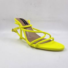 Aqua Arlow High Heels Women's 6 Lime 3.5" Heel Buckled Ankle Strap Open Toe Aqua Arlow High Heels Women's 6 Lime 3.5" Heel Buckled Ankle Strap Open Toe Retail: $108.00 Elevate Your Style With These Designer Aqua Arlow High Heels. With A Lime-Colored Synthetic Upper Material And High 3.5" Heel, These Strappy Heels Are Perfect For Any Occasion, From Formal Events To Parties And Even Travel. The Open Toe And Ankle Strap With Buckle Closure Add A Touch Of Elegance To These Stunning Shoes. These Aqua High Heel Synthetic Kitten Heels With Heel Loop, Synthetic High Heel Kitten Heels With Heel Loop, Yellow Synthetic Heels With Heel Loop, Trendy Yellow Low Heels, Aqua Heels, Neon Pink Heels, Tan Pumps, Clear High Heels, Aqua Shoes