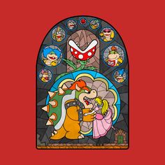 a stained glass window with mario and princess peaches in the center, surrounded by other cartoon characters