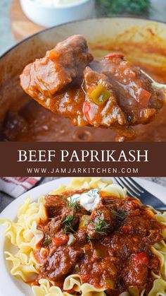 Pot of Hungarian beef Paprikash stew Fall Dinner Recipes With Mashed Potatoes, Irish Beef Recipes, Hungarian Pasta Recipe, Mash Dinner Ideas, German Dishes Recipes, Hungarian Paprika Recipes, Beef Paprikash Hungarian, Polish Dinner Recipes, Hungarian Food Recipes