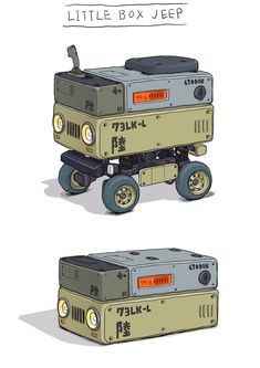 an image of a little box jeep with wheels on the front and side, in two different positions